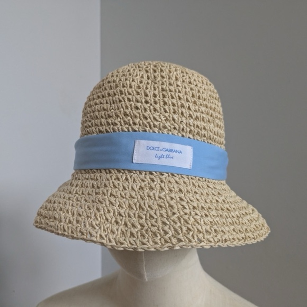 DOLCE & GABBANA Beige Light Blue raffia straw Hat vacation holidays LOGO